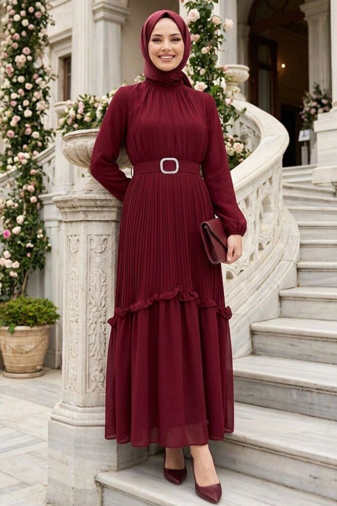 Tokalı Kemerli Bordo Tesettür Elbise 24683BR - 1
