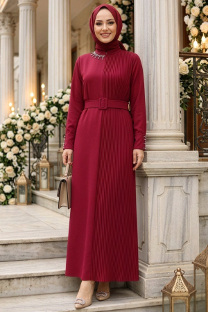 Tokalı Kemerli Bordo Tesettür Elbise 65879BR - 1