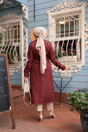 Tokalı Kemerli Bordo Tesettür Trençkot 5942BR - 3