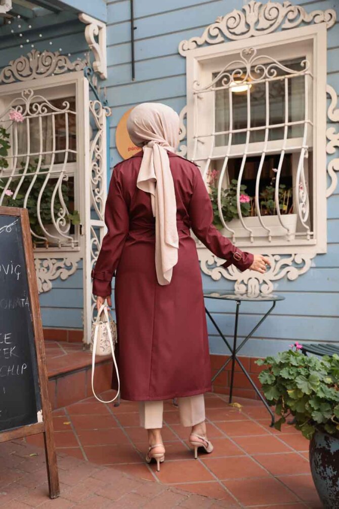 Tokalı Kemerli Bordo Tesettür Trençkot 5942BR - 3
