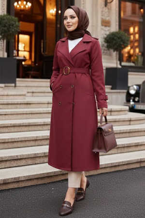 Tokalı Kemerli Bordo Tesettür Trençkot 5942BR - N.S NEVA STYLE