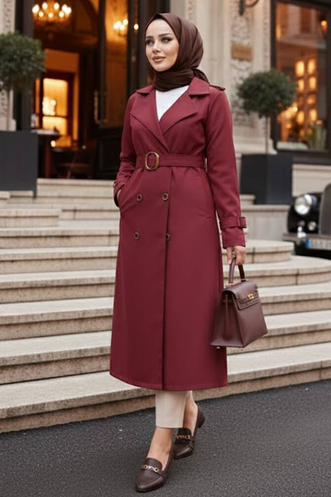 Tokalı Kemerli Bordo Tesettür Trençkot 5942BR - 1