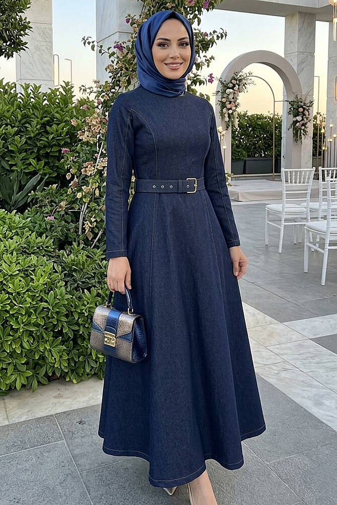 Tokalı Kemerli Lacivert Tesettür Kot Elbise 6283L - 1