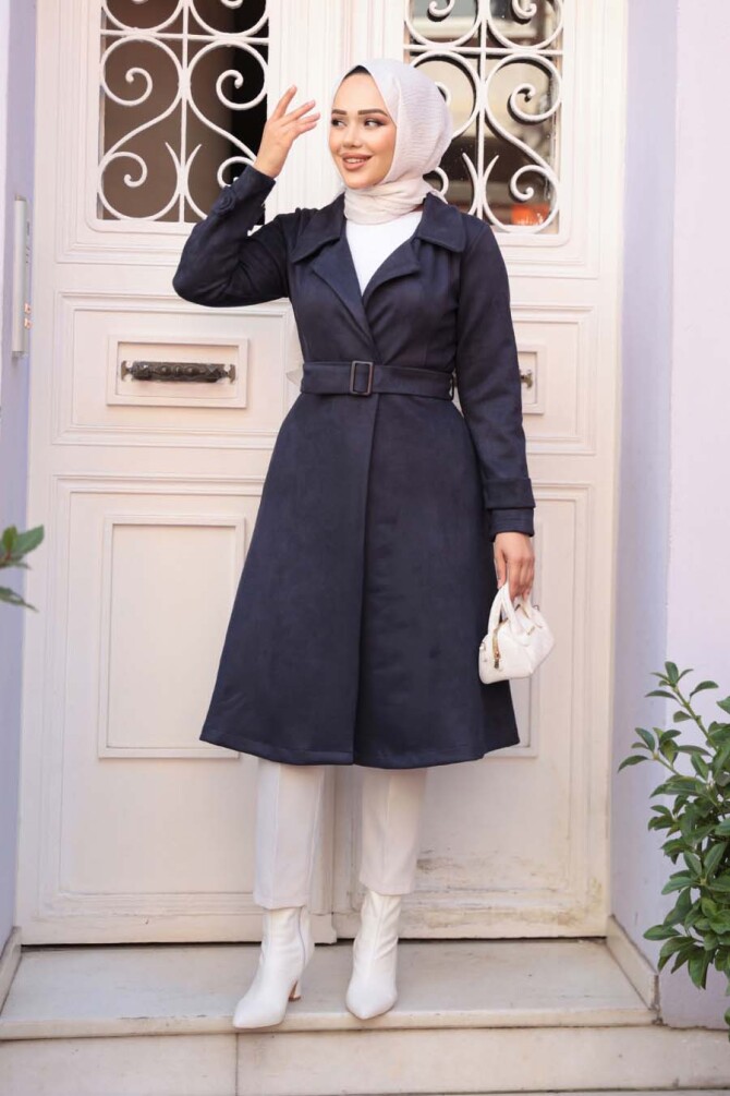 Tokalı Kemerli Lacivert Tesettür Süet Kap 62461L - N.S NEVA STYLE