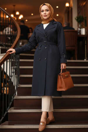 Tokalı Kemerli Lacivert Tesettür Trençkot 26412L - N.S NEVA STYLE