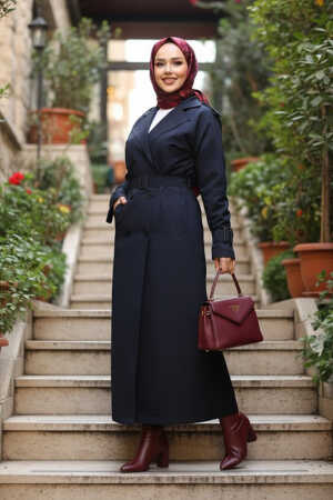 Tokalı Kemerli Lacivert Tesettür Trençkot 26413L - N.S NEVA STYLE