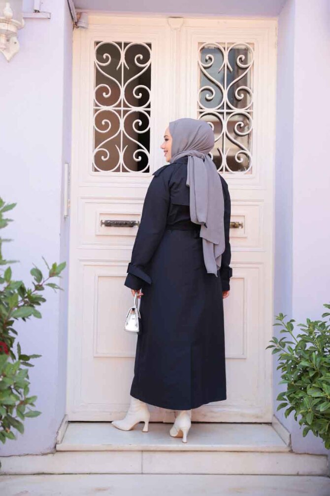 Tokalı Kemerli Lacivert Tesettür Trençkot 26413L - 7