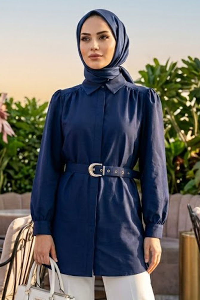 Tokalı Kemerli Lacivert Tesettür Tunik 5255L - 1