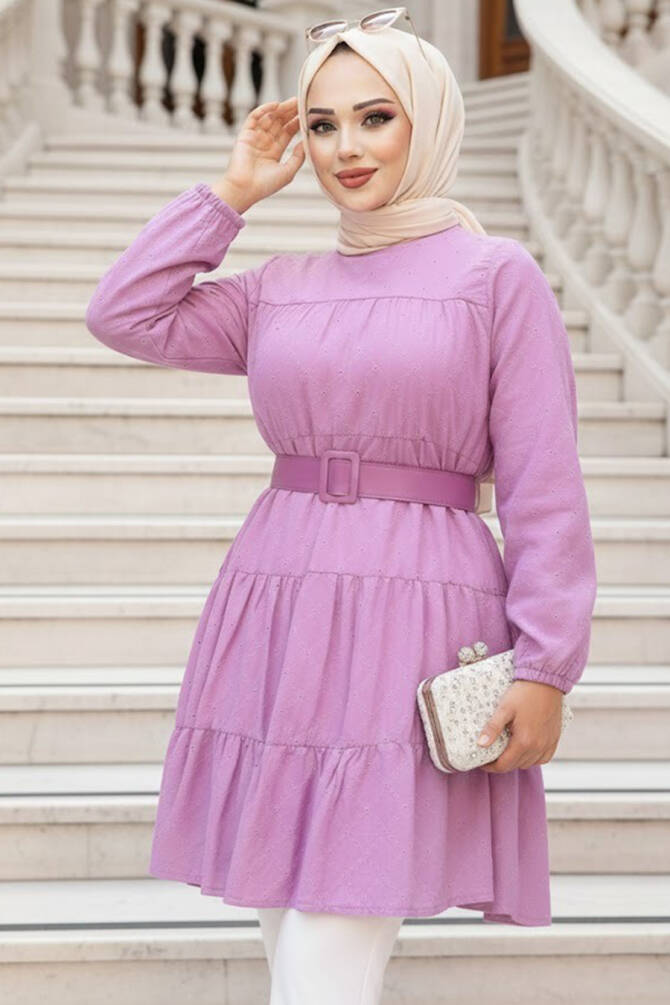  Tokalı Kemerli Lila Tesettür Tunik 2193LILA - 1