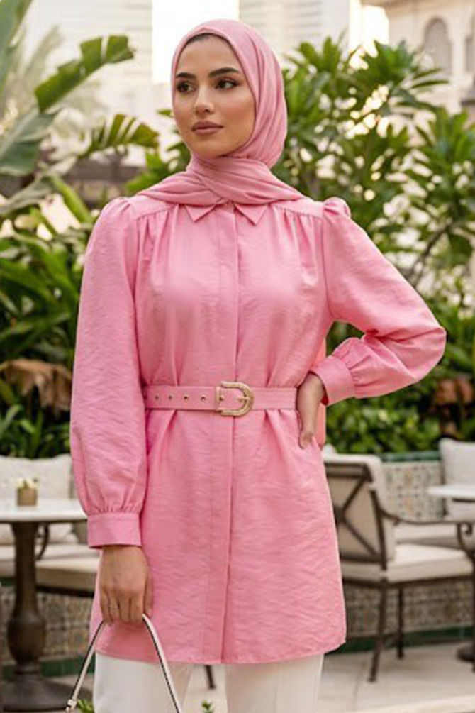 Tokalı Kemerli Pembe Tesettür Tunik 5255P - 1