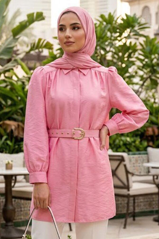 Tokalı Kemerli Pembe Tesettür Tunik 5255P - 1
