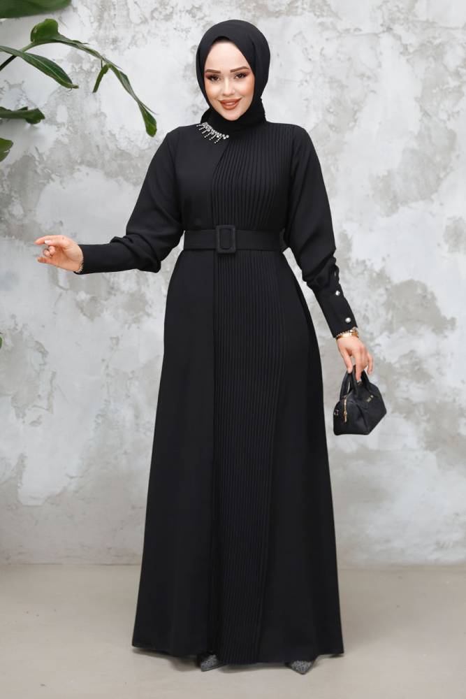 Tokalı Kemerli Siyah Tesettür Elbise 65879S - 1