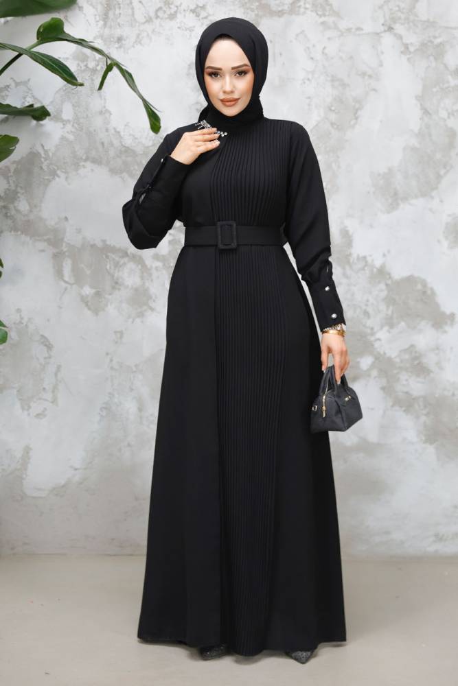 Tokalı Kemerli Siyah Tesettür Elbise 65879S - 2