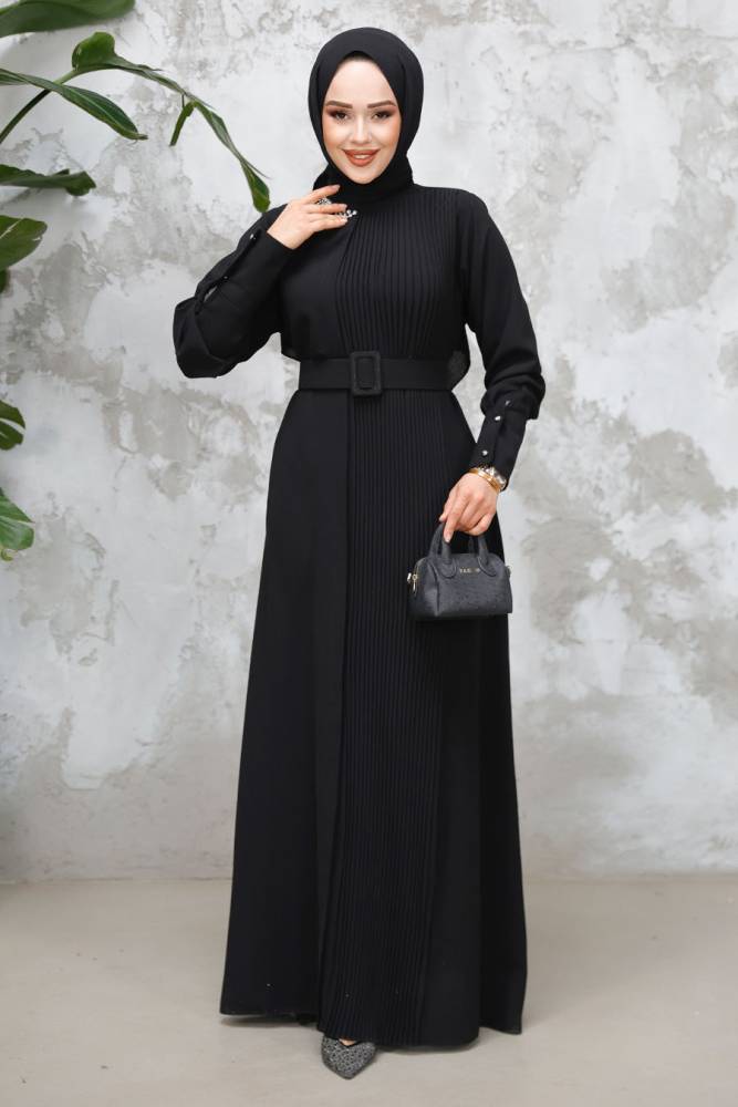 Tokalı Kemerli Siyah Tesettür Elbise 65879S - 3