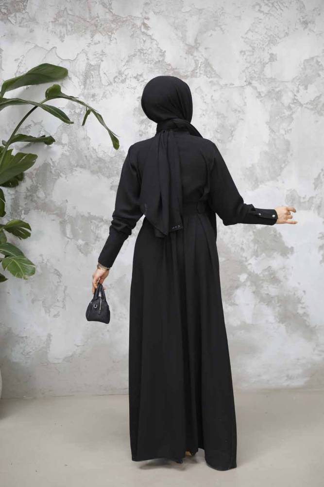 Tokalı Kemerli Siyah Tesettür Elbise 65879S - 4