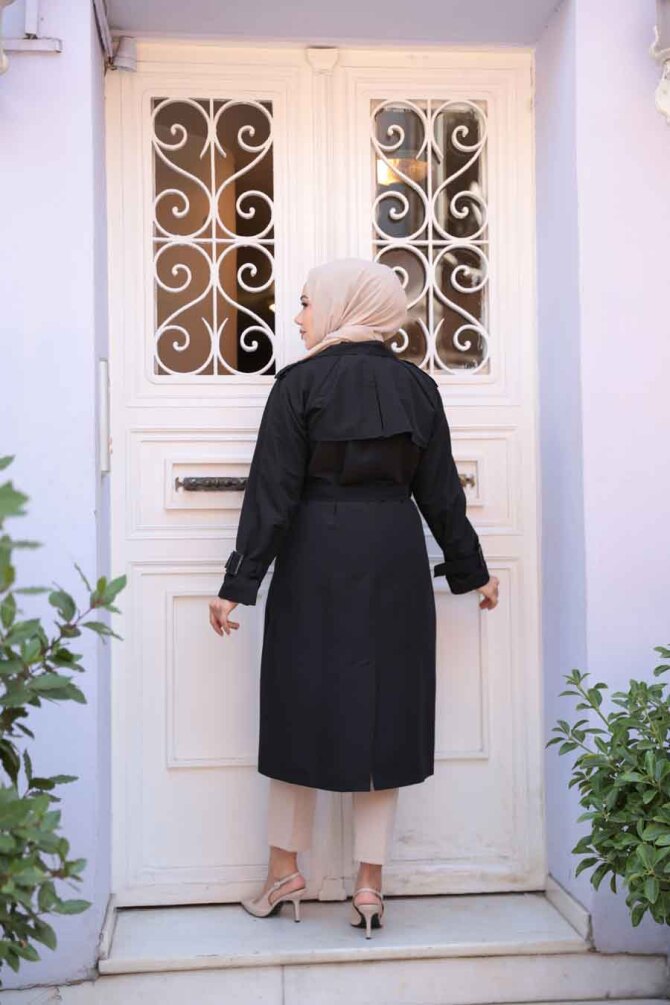 Tokalı Kemerli Siyah Tesettür Trençkot 26412S - 4