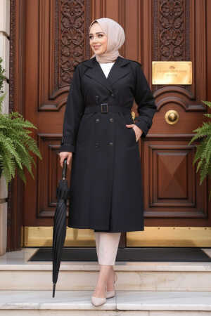 Tokalı Kemerli Siyah Tesettür Trençkot 26412S 