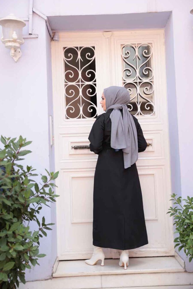 Tokalı Kemerli Siyah Tesettür Trençkot 26413S - 4