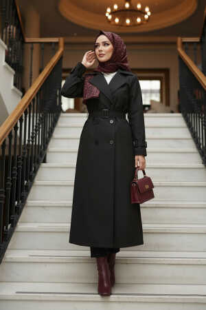 Tokalı Kemerli Siyah Tesettür Trençkot 26413S 