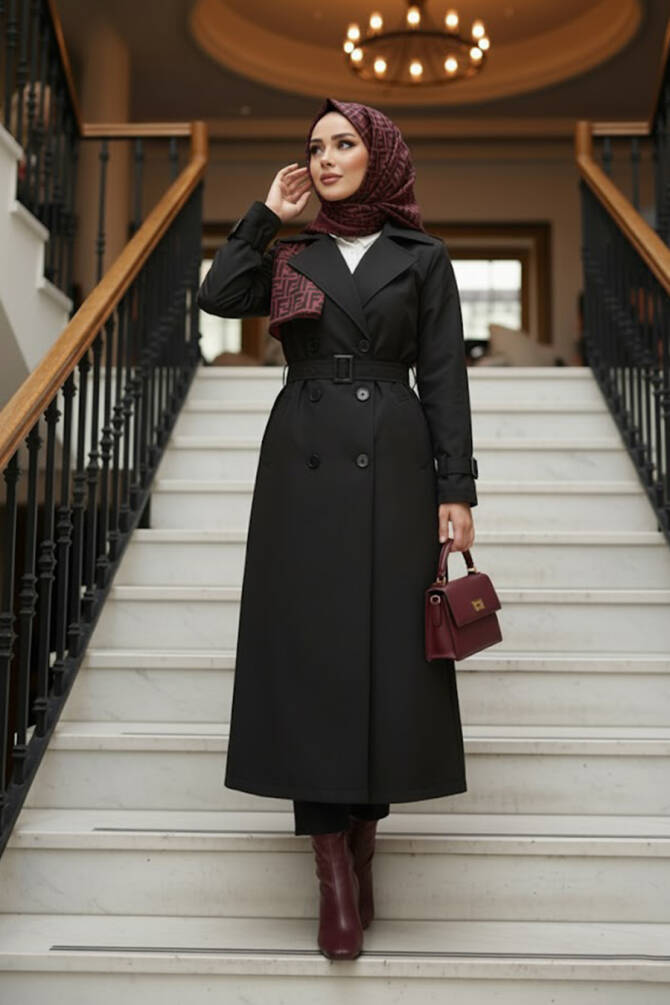 Tokalı Kemerli Siyah Tesettür Trençkot 26413S - 1