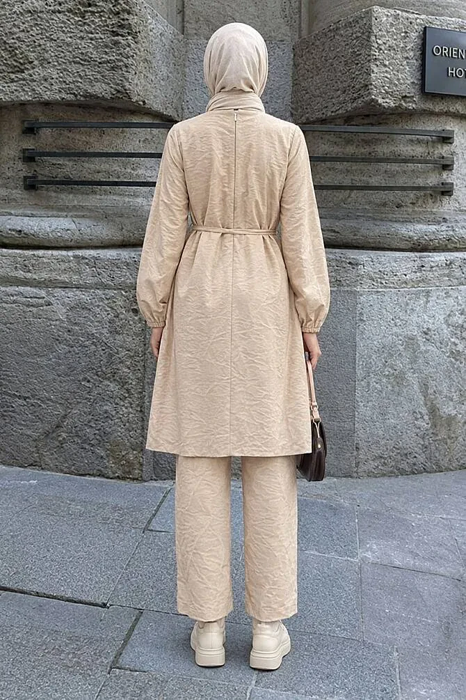 Tokalı Tunik Bej Tesettür Pantolon Takım 1373BEJ - 2