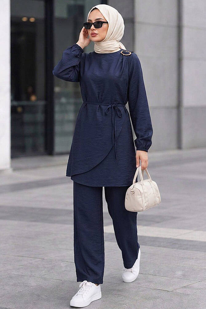Tokalı Tunik Lacivert Tesettür Pantolon Takım 1373L - 1