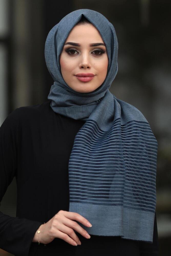 Transparent Detailed İndigo Blue Shawl 7502IM - 1