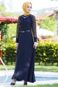 TRN Collection - Dantel Detaylı Lacivert Elbise - Thumbnail