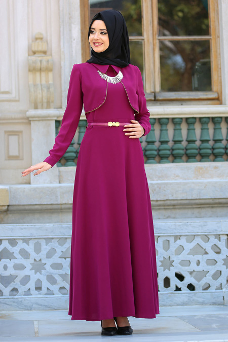 TRN Collection - Kolyeli Fuşya Tesettür Elbise 622F