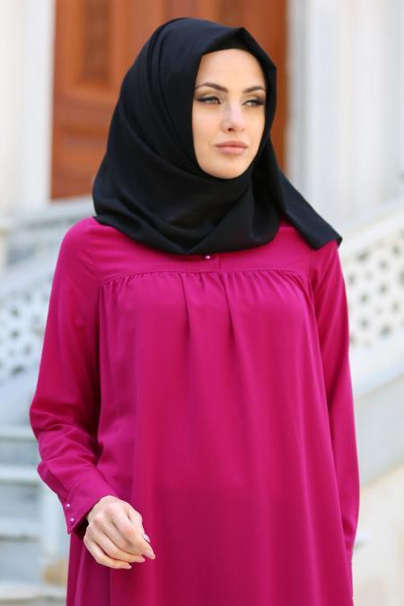 Tuay - Asimetrik Kesim Fuşya Tesettür Tunik 2191F - 2