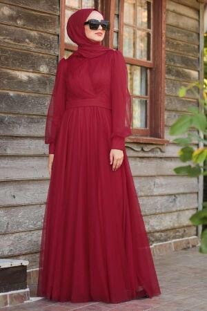 Tuay - Balon Kol Bordo Tesettür Abiye Elbise 30631BR - 1