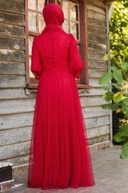 Tuay - Balon Kol Kırmızı Tesettür Abiye Elbise 30631K - Thumbnail