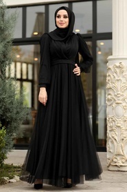 Tuay - Balon Kol Siyah Tesettür Abiye Elbise 30631S - Thumbnail