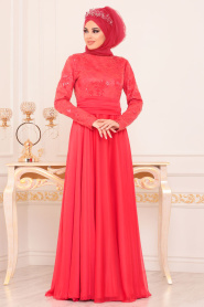 Tuay - Beli Nervür Detaylı Kırmızı Tesettür Abiye Elbise 2389K - Thumbnail