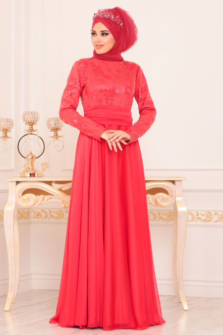 Tuay - Beli Nervür Detaylı Kırmızı Tesettür Abiye Elbise 2389K