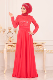 Tuay - Beli Nervür Detaylı Kırmızı Tesettür Abiye Elbise 2389K - Thumbnail
