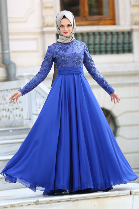 Tuay - Beli Nervür Detaylı Sax Mavisi Tesettür Abiye Elbise 2389SX