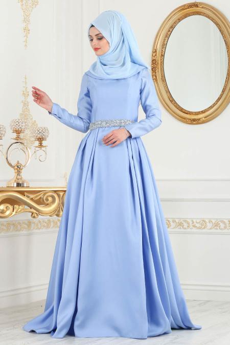 Tuay - Beli Taşlı Bebek Mavisi Tesettür Abiye Elbise 2363BM - 1