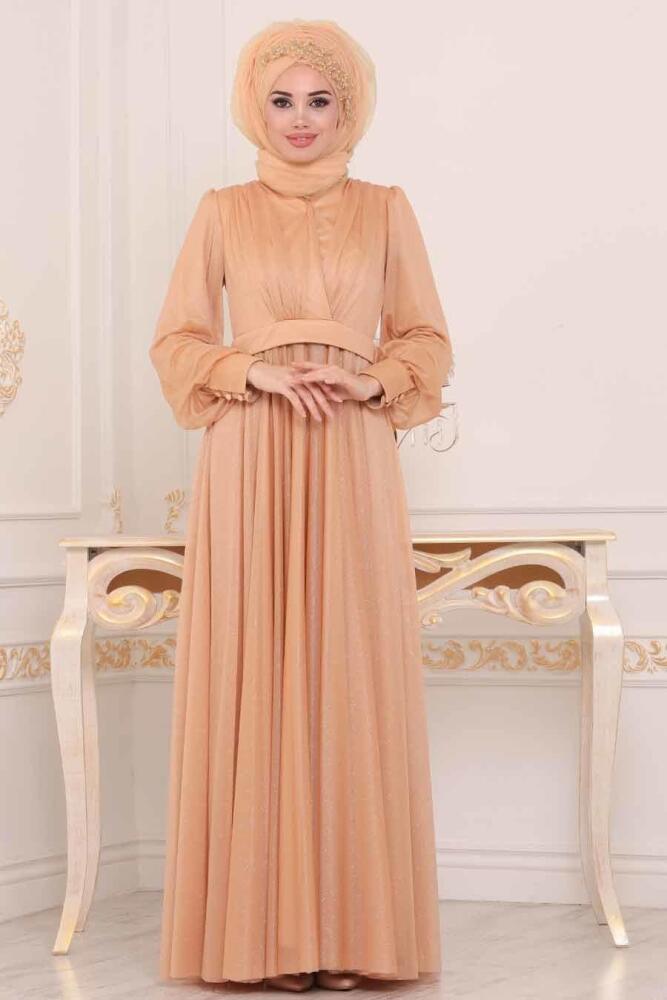 Simli Bisküvi Tesettür Abiye Elbise 30632BS - 2