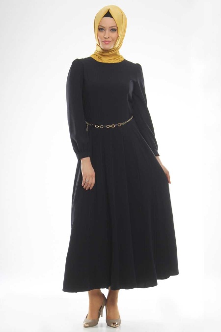 Tuay - Chain Belted Navy Blue Dress
