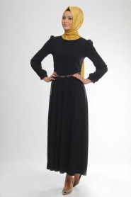 Tuay - Chain Belted Navy Blue Dress - Thumbnail