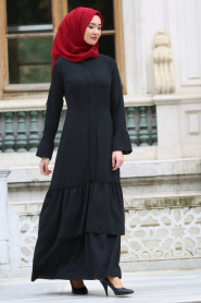 Tuay - Eteği Büzgülü Siyah Tesettür Elbise 2451S - Thumbnail