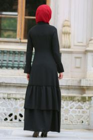 Tuay - Eteği Büzgülü Siyah Tesettür Elbise 2451S - Thumbnail