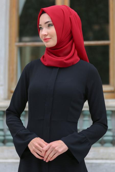 Tuay - Eteği Büzgülü Siyah Tesettür Elbise 2451S - 2