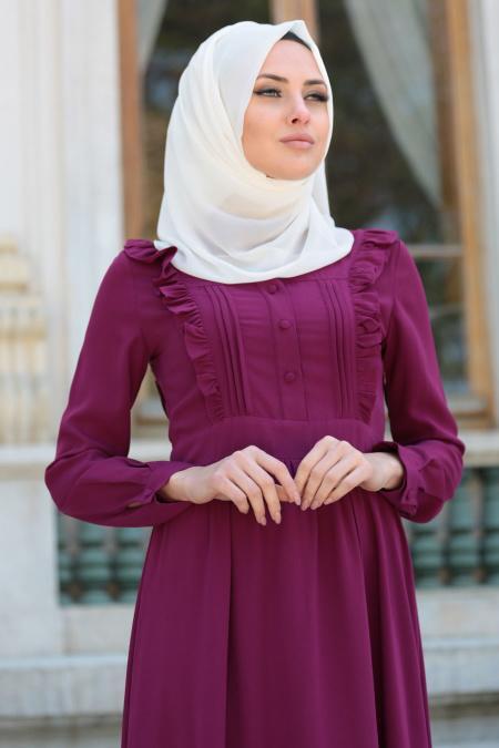 Tuay - Fırfır Detaylı Mürdüm Tesettür Elbise 7104MU - 2