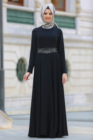 Tuay - Kemeri Taşlı Tafta Siyah Tesettür Abiye Elbise 17880S - Thumbnail