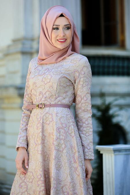 Tuay - Kemerli Lila Tesettür Abiye Elbise 17870LILA - 2
