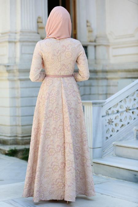 Tuay - Kemerli Lila Tesettür Abiye Elbise 17870LILA - 3