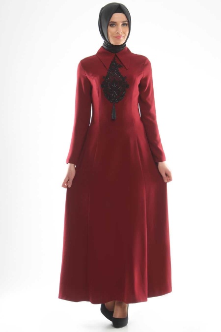 Tuay - Lace Detailed Claret Red Dress