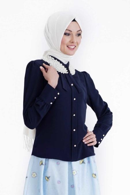 Tuay - Navy Blue Hijab Blouse 1869L - 2